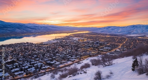Downtown Park City, Utah Skyline at Sunrise/Sunset. Aerial view of Town with Snowy Mountains