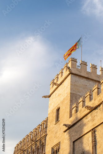 Famous Lonja de la Seda building in Valencia at sunset