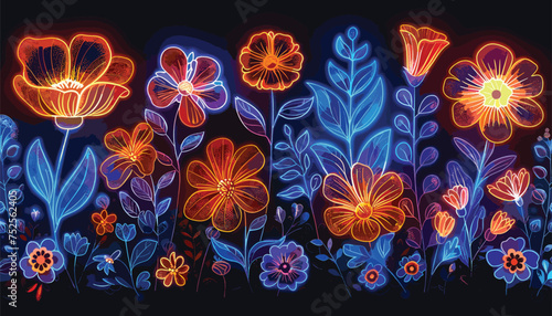 Neon Sign Florals, neon sign effect, bright floral design, illuminated flowers vector illustration background © gfx_nazim