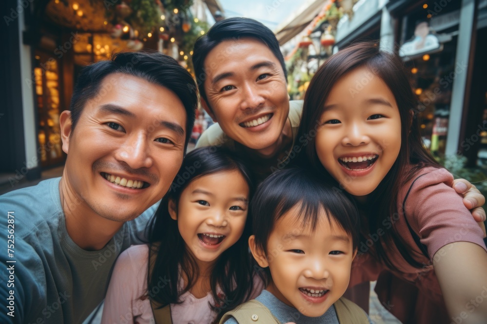 A family taking a selfie in a bustling shopping area. Perfect for lifestyle and family-related projects A family taking a selfie in a bustling shopping area. Perfect for lifestyle and family-related projects