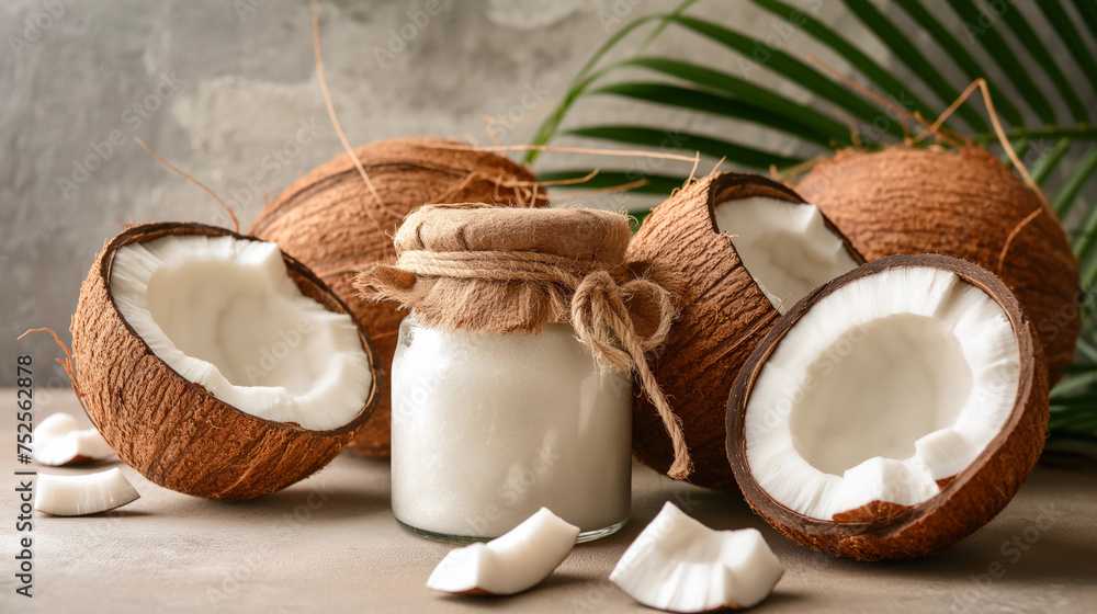 Coconuts and jar of coconut oil. Coconuts and jar of coconut oil.