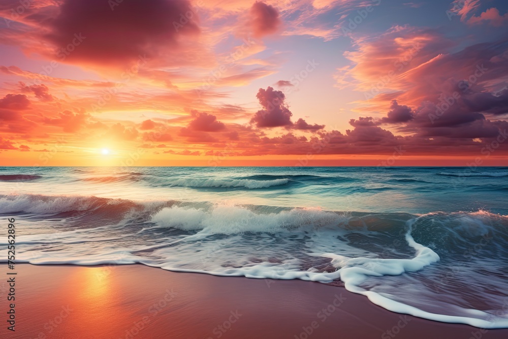 Beautiful Sunset on Beach. Scenic View of Landscape with Ocean Waves at Sunset on Sandy Beach: