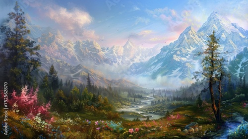 A mesmerizing nature landscape with towering snow-capped mountains piercing the horizon, a lush valley below bathed in the soft light of dawn