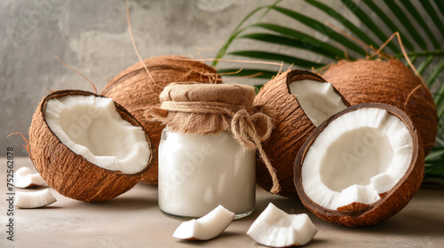 Coconuts and jar of coconut oil.