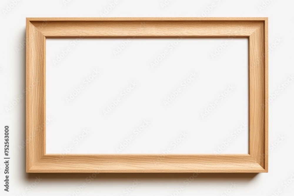 Simple wooden picture frame on a clean white wall. Perfect for interior design projects Simple wooden picture frame on a clean white wall. Perfect for interior design projects