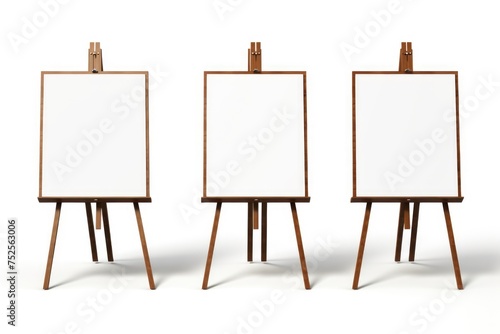 Three blank white canvases on easels, perfect for artists and designers