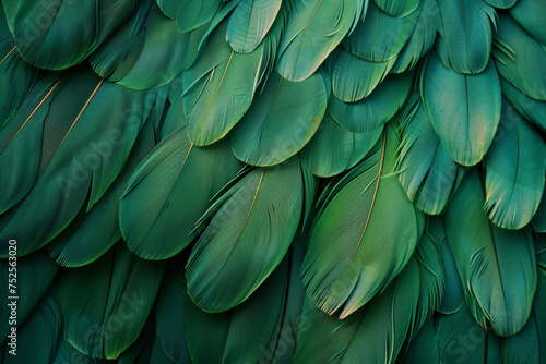 A close up of green feathers with a lot of detail. Beautiful abstract green feathers background, feather texture. The wallpaper is a bright green saturated color. Spring and summer mood