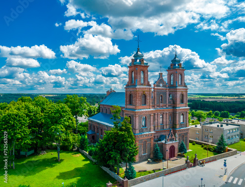 Turgeliai Church of the Assumption of the Blessed Virgin Mary in VIlnius county. Aerial view panoramic photo photo