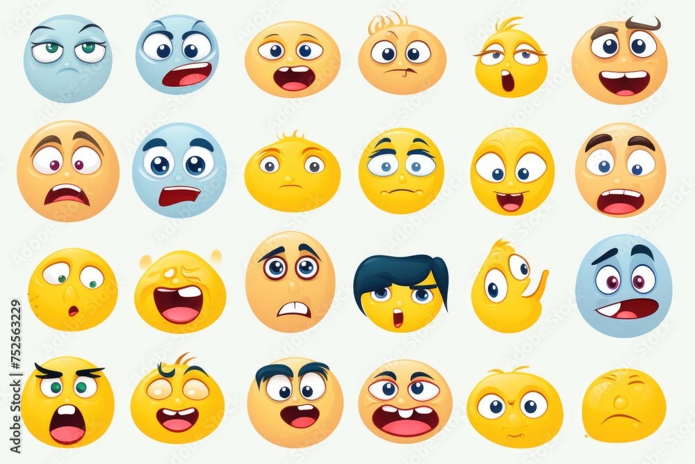 A collection of cartoon emoticons with various expressions. Ideal for use in social media, messaging apps, and graphic design projects A collection of cartoon emoticons with various expressions. Ideal for use in social media, messaging apps, and graphic design projects