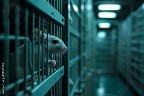 Laboratory with rows of cages for mice animal testing. Medicines proven effective in trials often fail when tested on humans. Animal experimentation and suffering concept. Stop cruelty, find alternati photo