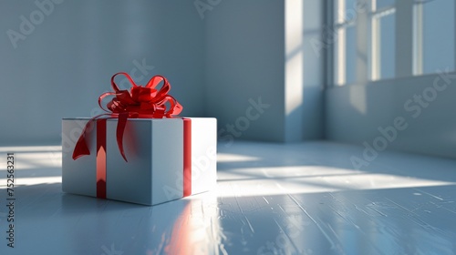 Elegante weiße Geschenk-Box mit roter Schleife auf weißem Boden mit Lichtstrahlen für Weihnachten oder Geburtstag