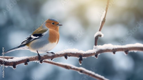 A small bird sitting on a snowy branch. Perfect for winter-themed designs