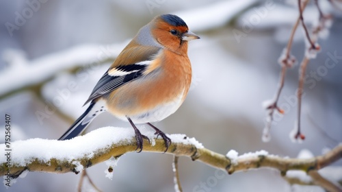 A small bird perched on a snowy branch. Perfect for winter-themed designs © Fotograf