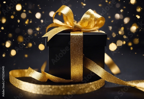 Gift box and long golden ribbon on black background with glitter Black friday sale concept