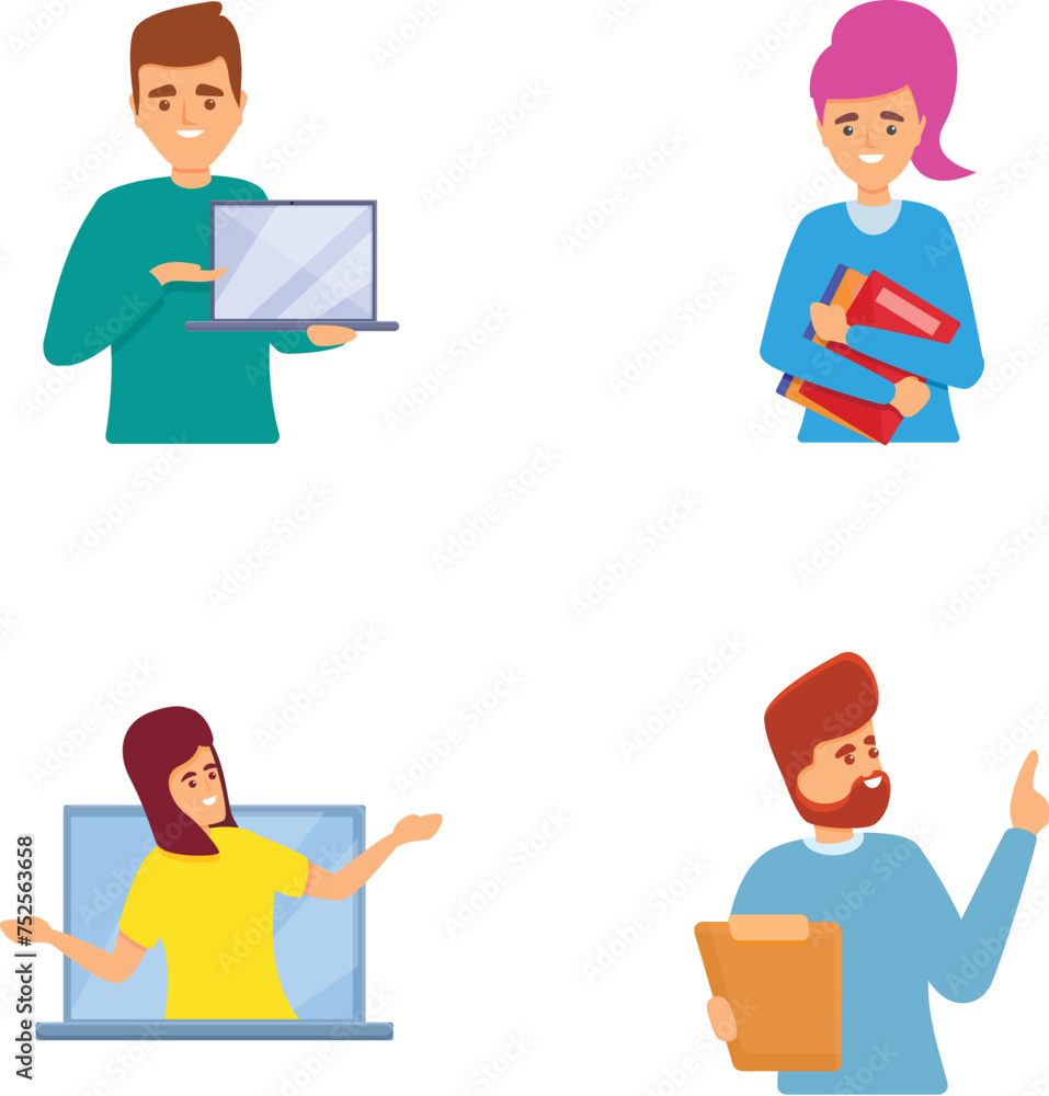 Online education icons set cartoon vector. People during educational process. Innovative online learning
