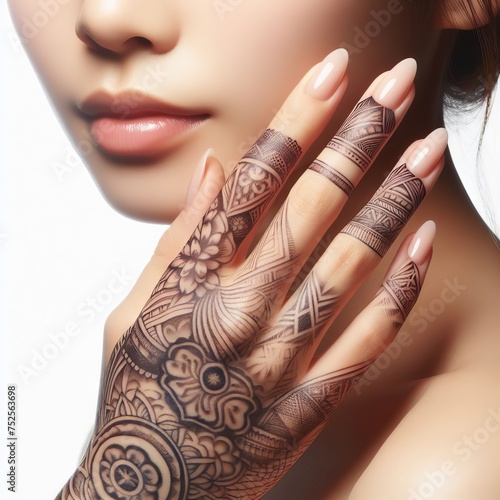 hand with henna painting isolated on white
 photo