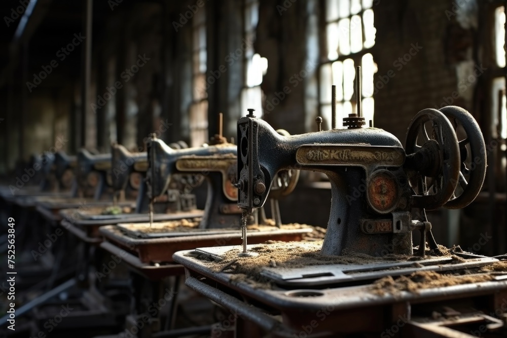 Fototapeta premium Old sewing machines lined up in a factory. Ideal for industrial-themed projects