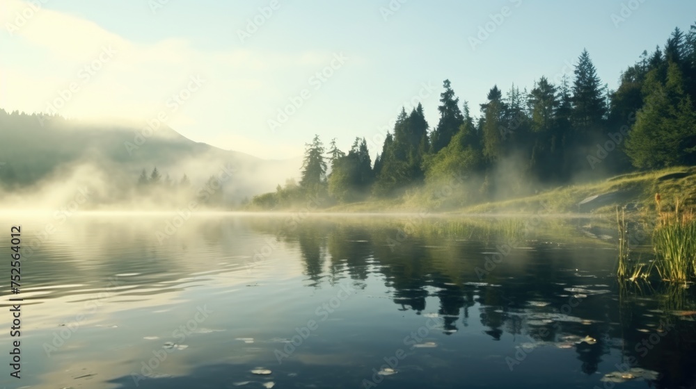 Fototapeta premium A serene body of water surrounded by trees on a foggy day. Perfect for nature and landscape themes