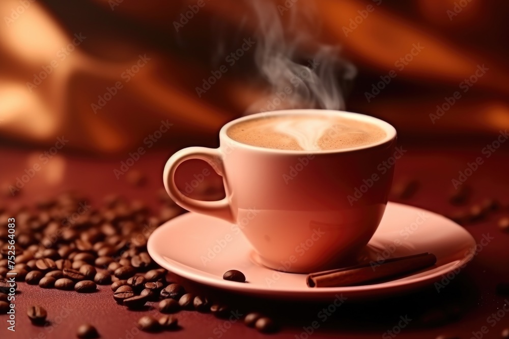 A cup of coffee with coffee beans, perfect for cafe menus or coffee advertisements A cup of coffee with coffee beans, perfect for cafe menus or coffee advertisements