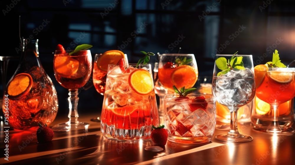 Row of glasses filled with different types of drinks. Perfect for bar or restaurant concepts