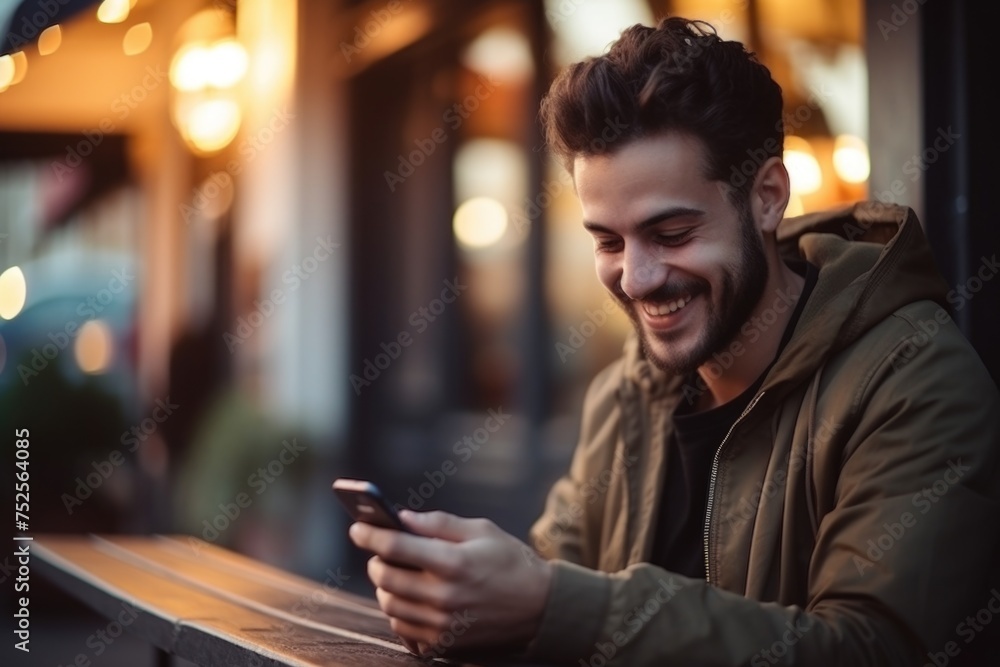 A man sitting at a table looking at his cell phone. Suitable for technology concepts A man sitting at a table looking at his cell phone. Suitable for technology concepts