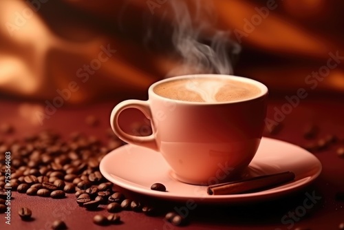 A cup of coffee with coffee beans, perfect for cafe menus or coffee advertisements