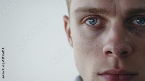 Close-up of a man's face with striking blue eyes. Perfect for beauty or eye care ads