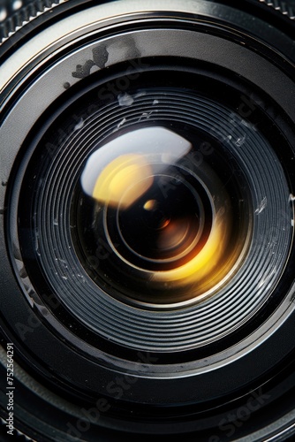 Detailed view of a camera lens, suitable for tech or photography concepts