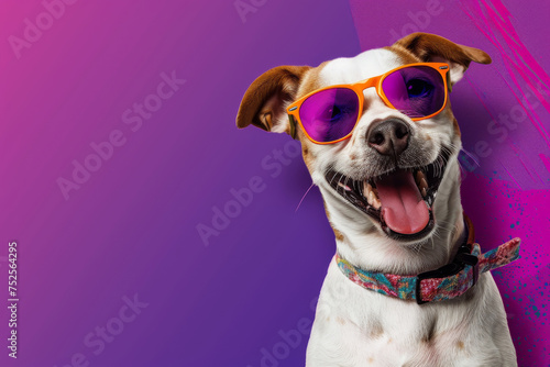 A dog wearing sunglasses and a bow tie is smiling. The image has a fun and playful mood. banner dog with glasses on colorful purple background © Nataliia_Trushchenko