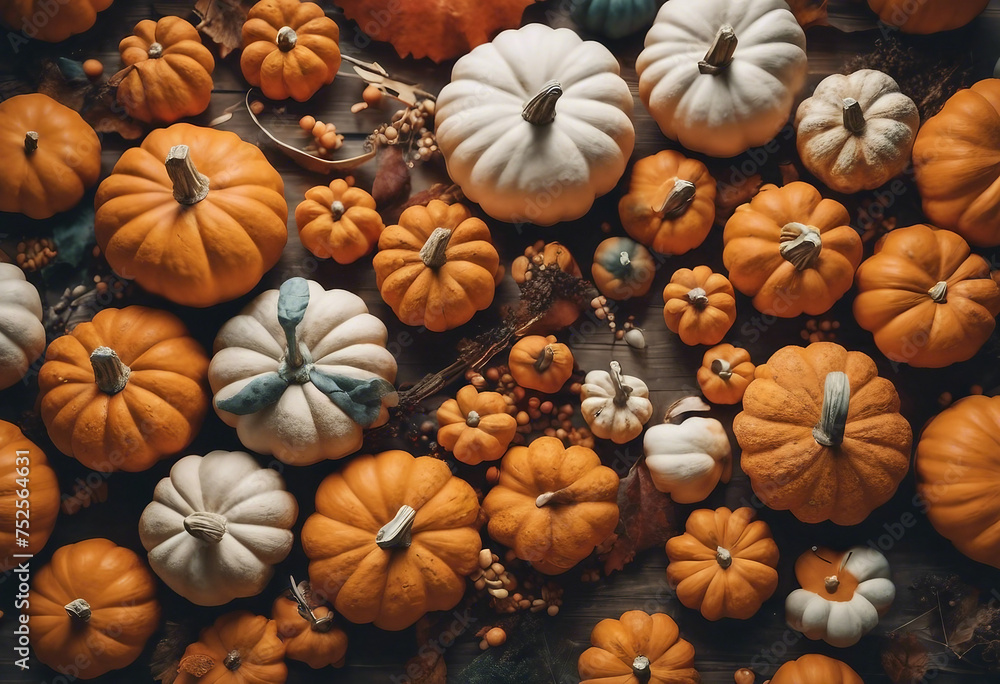 Hobby background with handmade pumpkins DIY craft decoration for fall and winter holidays Top view Hobby background with handmade pumpkins DIY craft decoration for fall and winter holidays Top view