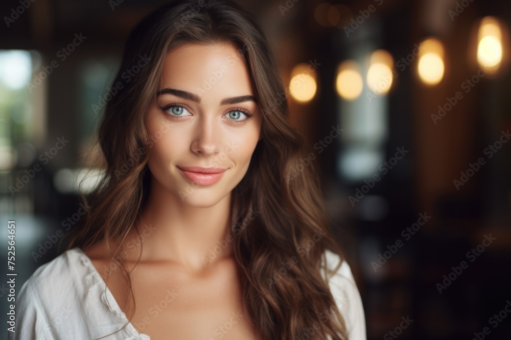 A woman with long brown hair and blue eyes A woman with long brown hair and blue eyes
