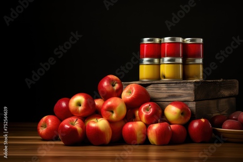 Jar with canned apples on a wooden table and fresh apple on a table
