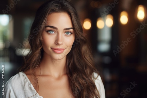 A woman with long brown hair and blue eyes