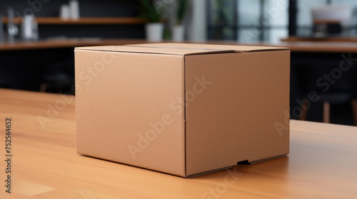 A cardboard box placed on a wooden table, suitable for various concepts and designs
