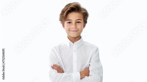 A young boy in a white shirt with his arms crossed. Suitable for various concepts and designs