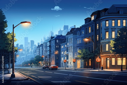 Urban night scene with illuminated buildings and street lights. Suitable for urban landscapes or city nightlife concepts