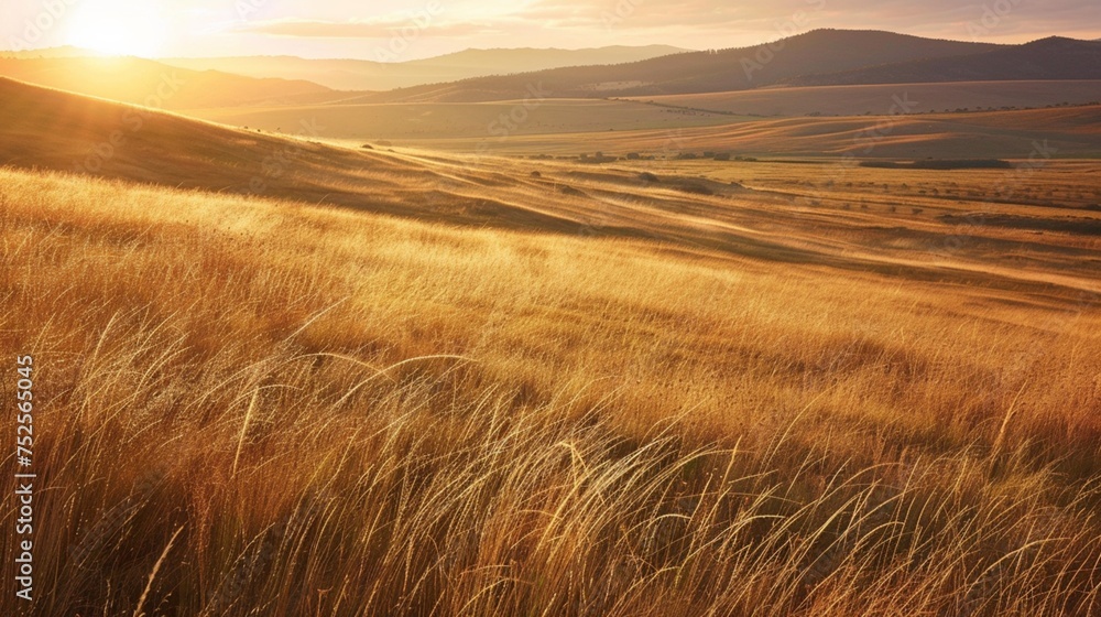 An awe-inspiring nature landscape at sunrise, where the golden light spills over vast fields of wild grass, casting long shadows and highlighting the delicate dewdrops clinging to blades