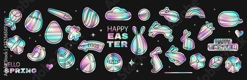 Happy Easter holographic pastel stickers set. Trendy Y2K retro futuristic style holo spring elements collection for branding, packaging, prints, social media posts, poster design. Vector illustration