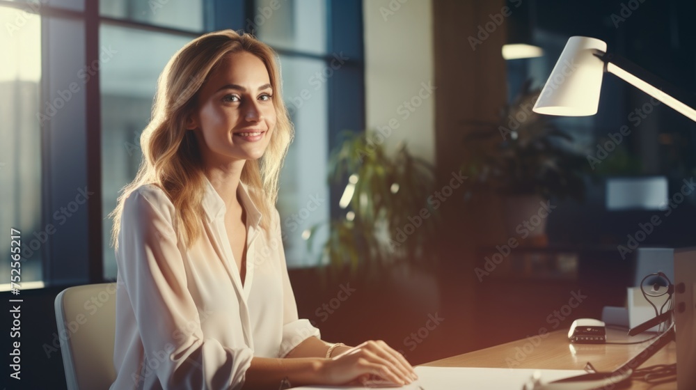 A woman sitting at a desk in front of a laptop computer. Suitable for business and technology concepts A woman sitting at a desk in front of a laptop computer. Suitable for business and technology concepts