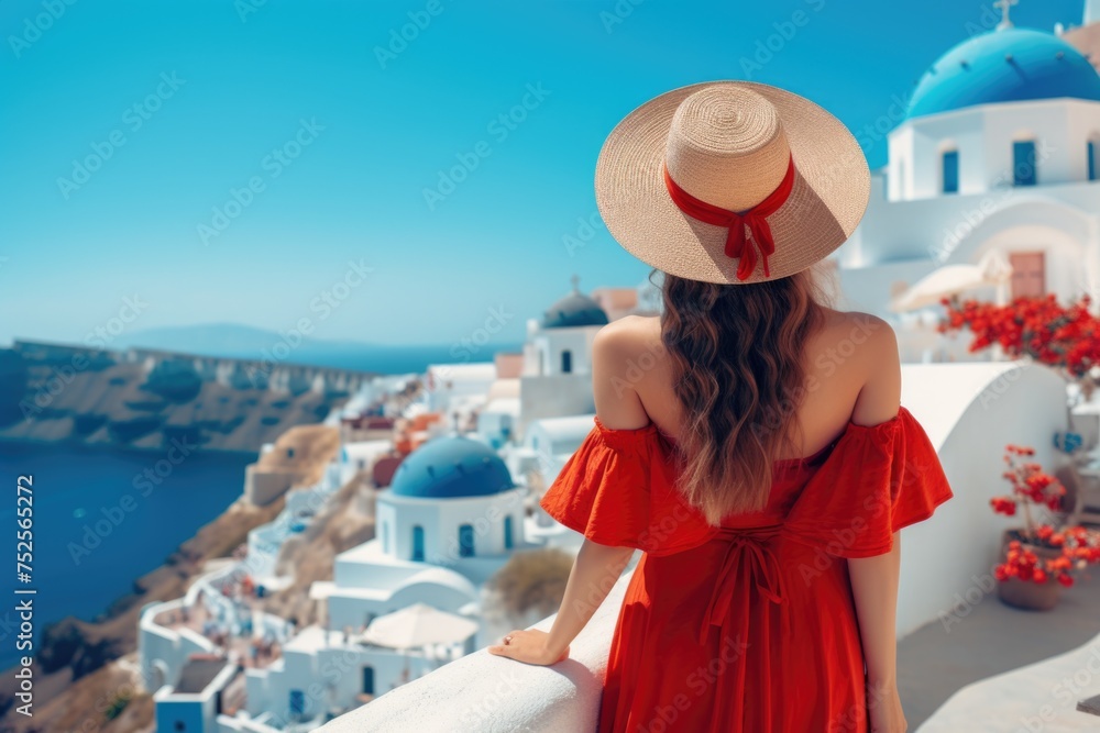 Woman in red dress and straw hat looking over water, suitable for travel blogs