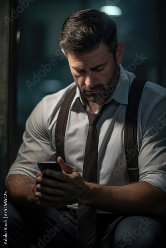 A man sitting down while looking at his cell phone. Suitable for technology concepts