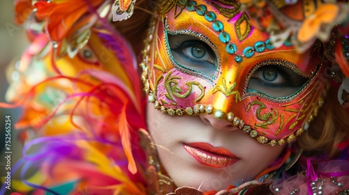 A captivating portrait of a young woman adorned in a vibrant carnival costume and wearing a decorative mask, captured amidst the festivities of a carnival