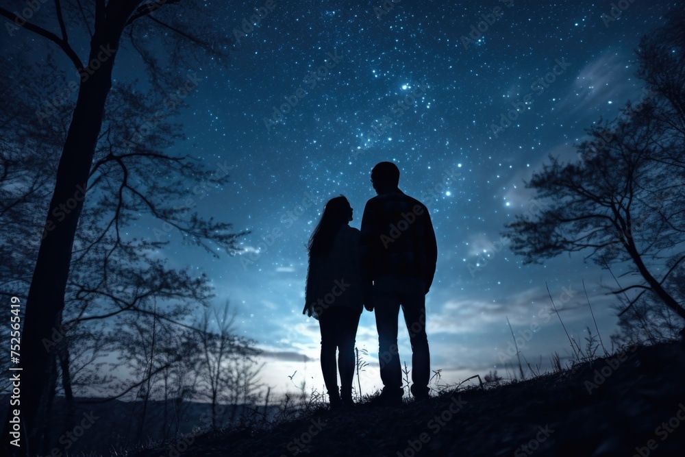 A man and a woman standing under a starry night sky. Suitable for romantic concepts