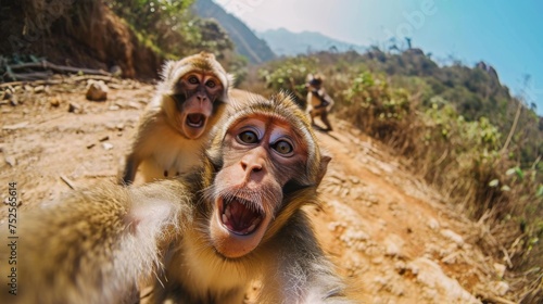 Frightened monkeys on the mountain taking a selfie photo