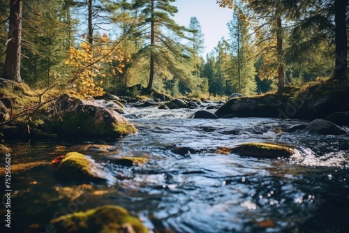 Peaceful stream flowing through a dense forest. Suitable for nature and outdoor themes