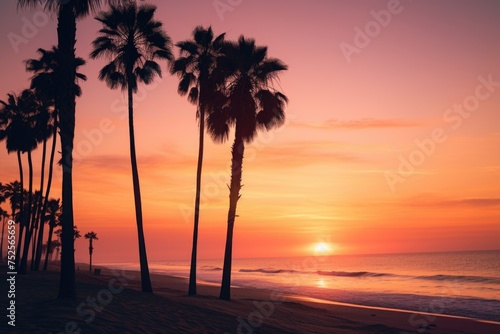 Beautiful sunset scene with palm trees on the beach, perfect for travel and vacation concepts
