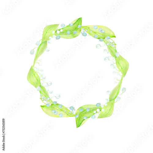 A set of wreath, frame watercolor lilies of the valley, a hand-drawn illustration of spring flowers highlighted on a white background.