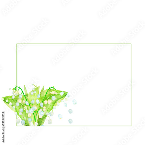 A set of wreath, frame watercolor lilies of the valley, a hand-drawn illustration of spring flowers highlighted on a white background.