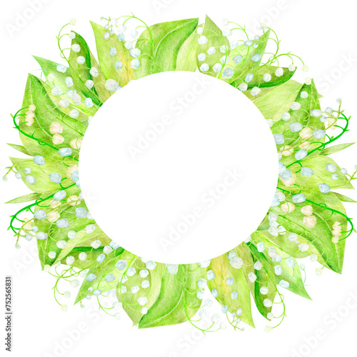 A set of wreath, frame watercolor lilies of the valley, a hand-drawn illustration of spring flowers highlighted on a white background.