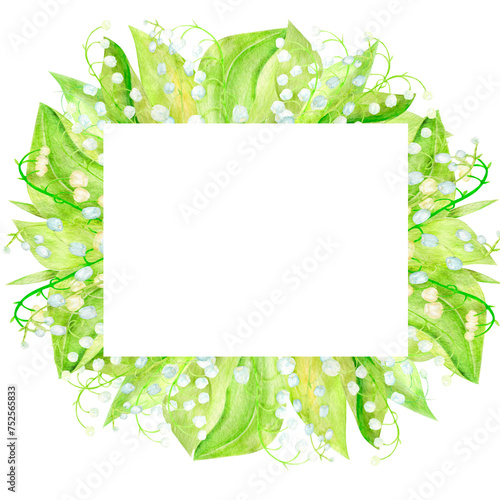 A set of wreath, frame watercolor lilies of the valley, a hand-drawn illustration of spring flowers highlighted on a white background.